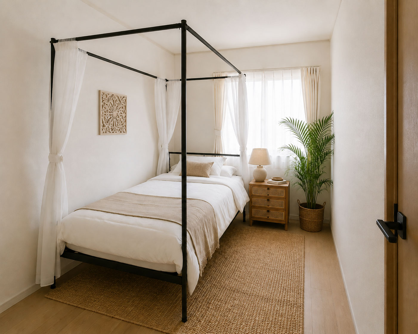 6畳の部屋にシングルサイズの天蓋付きベッドを置いた画像