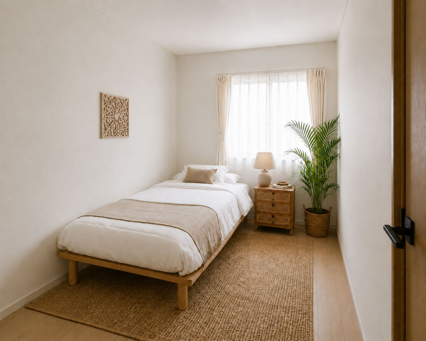 同じ部屋にシンプルなすのこベッドを置いた画像
